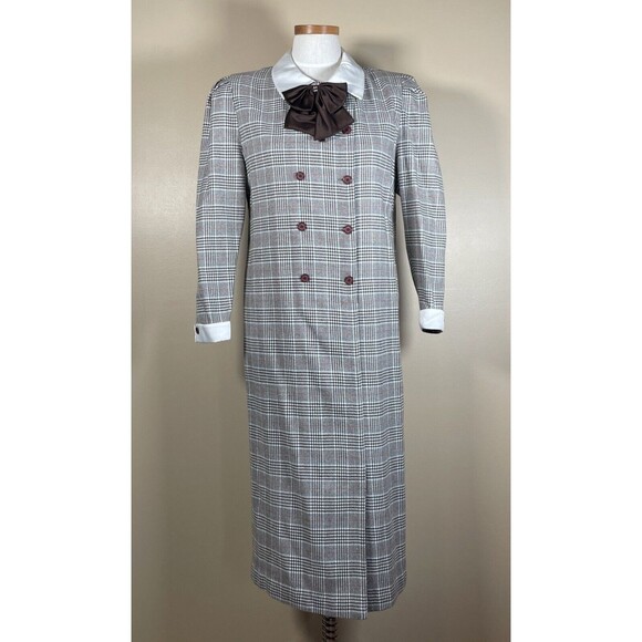 Lyceene Dresses & Skirts - Vintage 80s  Plaid Dress Double Breasted Big Bow Contrast Collar C-38.5" Midi